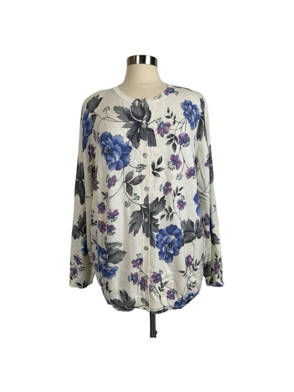 Alfred Dunner Womens 3XL Floral Cardigan Sweater Plus Blue Purple Sequin
